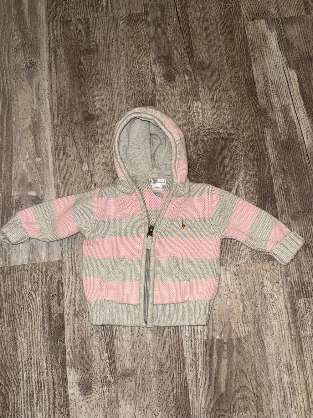 Ralph Lauren Pink & Gray Striped Hooded Zip Knit Sweater - Kids